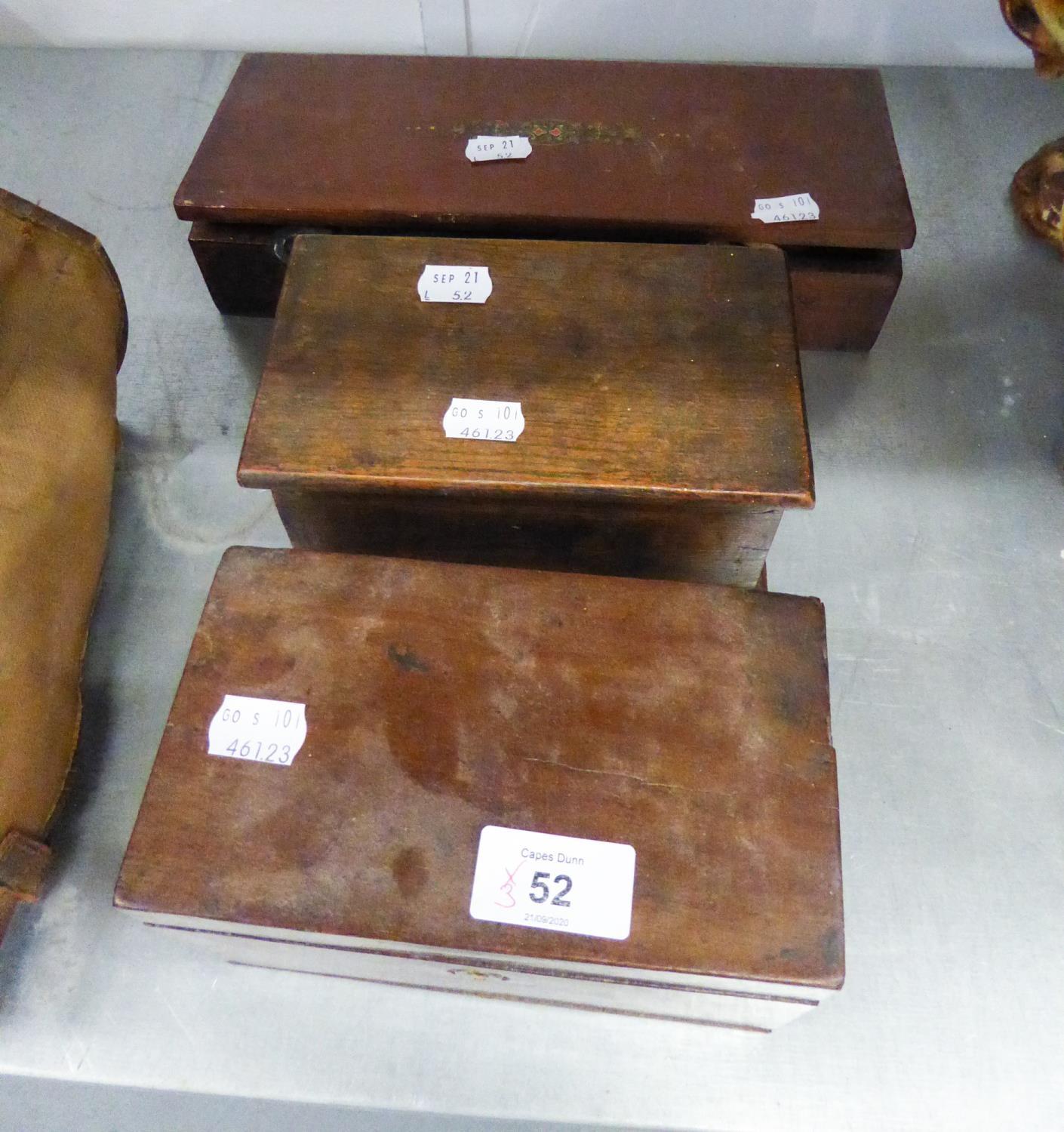 AN ANTIQUE MAHOGANY SMALL TEA CADDY, A MAHOGANY GLOVE BOX AND A SMALL OAK BOX (3)