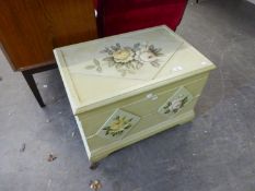 A SMALL PAINTED WOOD BLANKET CHEST WITH FLORAL DECORATION AND THREE TEDDY BEARS AND OTHER STUFFED