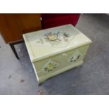 A SMALL PAINTED WOOD BLANKET CHEST WITH FLORAL DECORATION AND THREE TEDDY BEARS AND OTHER STUFFED