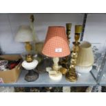 TWO BRASS AND GLASS TABLE LAMPS AND SHADES; A SMALL OIL TABLE LAMP AND SEVEN VARIOUS CANDLE LAMPS