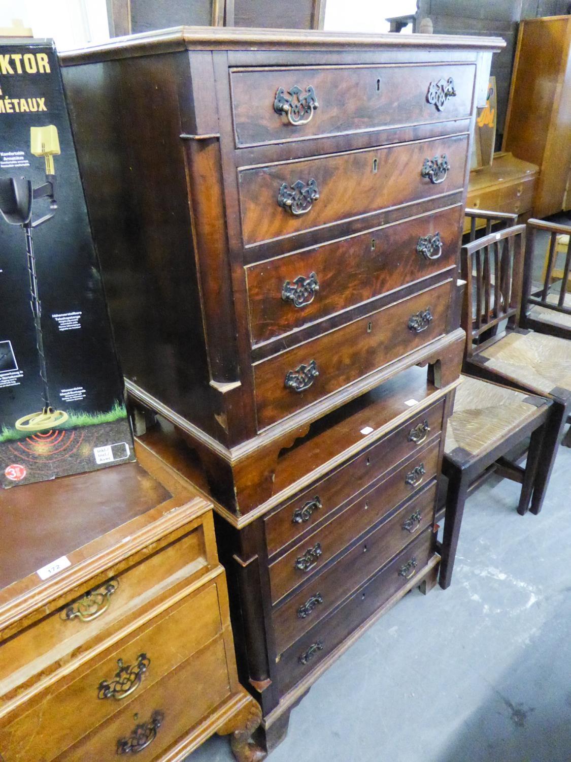 A PAIR OF ANTIQUE MAHOGANY SMALL CHESTS OF FOUR DRAWERS (CONVERTED FROM NIGHT COMMODES)