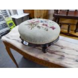 NINETEENTH CENTURY WALNUT CIRCULAR TABOURET FOOTSTOOL, COVERED IN FLORAL NEEDLEWORK TAPESTRY, ON