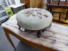 NINETEENTH CENTURY WALNUT CIRCULAR TABOURET FOOTSTOOL, COVERED IN FLORAL NEEDLEWORK TAPESTRY, ON