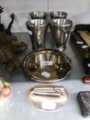 RONSON ?QUEEN ANNE? ELECTROPLATE TABLE CIGARETTE LIGHTER, AN ELECTROPLATE CIRCULAR CARD TRAY AND A