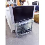 PHILIPS FLAT SCREEN TELEVISION, 26?, WITH THREE-TIER STAND WITH PLATE GLASS SHELVES, ALSO A BT