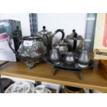 A SELECTION OF INTER-WAR YEARS HAMMERD PEWTER, TO INCLUDE; A THREE PIECE TEA SET, CONDIMENT SET,