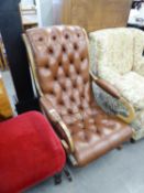A REPRODUCTION LEATHER UPHOLSTERED REGENCY REVIVAL CHAIR