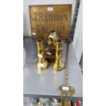 A BRASS NAMEPLATE, ?J. BARRON, TAILOR?; A PAIR OF HEAVY TURNED BRASS CANDLESTICKS, 6 ¼? HIGH?; A