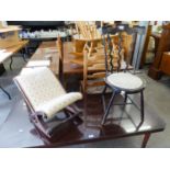 A MAHOGANY ROCKING GOUT STOOL AND A STAINED BEECH WOOD NURSING CHAIR WITH ROUND PAD SEAT (2)