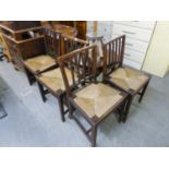 LATE EIGHTEENTH/EARLY NINETEENTH CENTURY SET OF FOUR OAK DINING CHAIRS, HAVING RUSH SEATS ON 'H'
