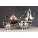 VICTORIAN ELECTROPLATED FOUR PIECE TEA AND COFFEE SET, of circular form with scroll handles,