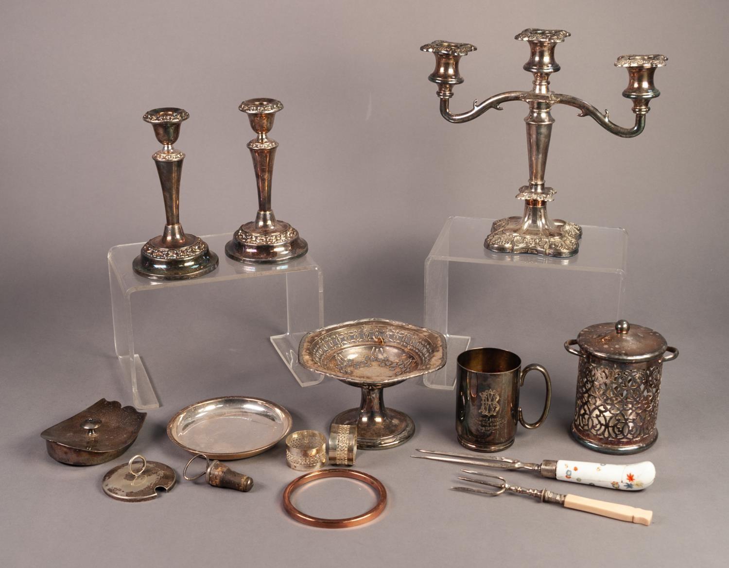 MIXED LOT OF ELECTROPLATE, to include: THREE LIGHT CANDELABRUM, PAIR OF CANDLESTICKS, PRESENTATION