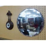 ANEROID MURAL BAROMETER WITH VISIBLE WORKS, IN ORNATE WALNUT BANJO SHADED CASE AN ART DECO FRAMELES