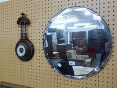 ANEROID MURAL BAROMETER WITH VISIBLE WORKS, IN ORNATE WALNUT BANJO SHADED CASE AN ART DECO FRAMELES