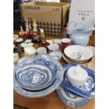 BLUE AND WHITE BOWLS TO INCLUDE; WEDGWOOD 'WILLOW', BOWLS, PLATES, TOILET JUG ETC.....