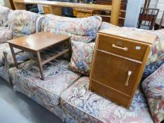 G-PLAN OAK BEDSIDE CUPBOARD AND A TEAK SQUARE COFFEE TABLE HAVING SLATTED UNDERFRAME (2)