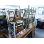 SET OF FOUR HARDWOOD KITCHEN/DINING CHAIRS, HAVING PANEL SEAT AND BACK, CHURCH SINGLE CHAIR AND A