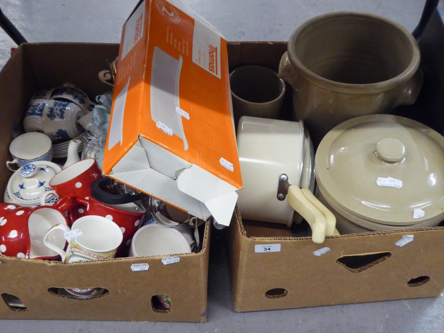 A LARGE STONEWARE ?BREAD? BOX AND COVER; MISCELLANEOUS DOMESTIC CERAMICS, TEA, DINNER AND KITCHEN