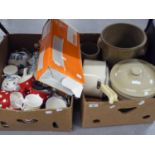 A LARGE STONEWARE ?BREAD? BOX AND COVER; MISCELLANEOUS DOMESTIC CERAMICS, TEA, DINNER AND KITCHEN