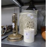 A CREAM ENAMELLED AND PIERCED CYLINDRICAL CANDLE LANTERN WITH SWING HANDLE, 9 ½? HIGH; A SILVER