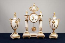 A LATE NINETEENTH/EARLY TWENTIETH CENTURY FRENCH WHITE ALABASTER GILDED BRASS MOUNTED CLOCK