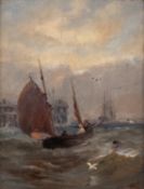 FREDERICK CHARLES DIXEY (fl. 1877 - 1920) OIL PAINTING ON BOARD Seascape with a fishing boat, a