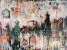 JOHN AND ELLI MILAN (MODERN) MIXED MEDIA ON CANVAS ?Grey Montage V? Signed, titled supplied by
