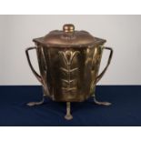 ARTS AND CRAFTS BRASS AND CAST IRON COAL BOX AND COVER, of hexagonal form with domed cover,