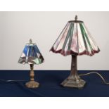 TWO MODERN TIFFANY STYLE TABLE LAMPS, one with conical dragonfly ?leaded? shade, 13 ¼? (33.7cm)