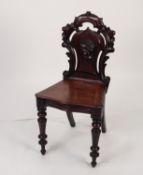 VICTORIAN CARVED MAHOGANY HALL CHAIR, the back outlined with ?C? scrolls and with applied floral