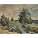 DANTON ADAMS (1904-1990) OIL PAINTINGS ON CANVAS, A PAIR Plein-air landscapes with figures signed