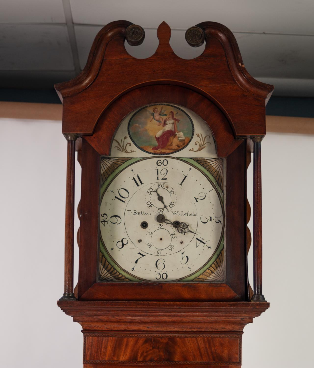 GEORGE III INLAID OAK AND MAHOGANY LONGCASE CLOCK SIGNED T.BUTTON, WAKEFIELD, the re-painted 13? - Image 2 of 2
