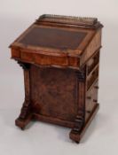 VICTORIAN FIGURED WALNUT AND LINE INLAID DAVENPORT DESK, of typical form with pierced gilt metal