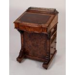 VICTORIAN FIGURED WALNUT AND LINE INLAID DAVENPORT DESK, of typical form with pierced gilt metal