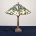 MODERN TIFFANY STYLE TABLE LAMP, the patinated base of square, tapering column form, beneath a