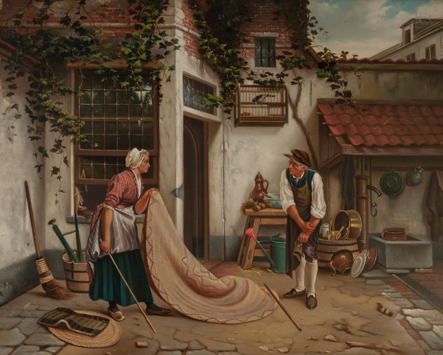 LODWIJK JAN PETRUS TOUTENEL (1819-1883)OIL PAINTING ON MAHOGANY PANEL A townhouse rear flagstone