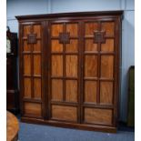 GOOD QUALITY LATE VICTORIAN FIGURED MAHOGANY THREE DOOR WARDROBE, the moulded cornice above three