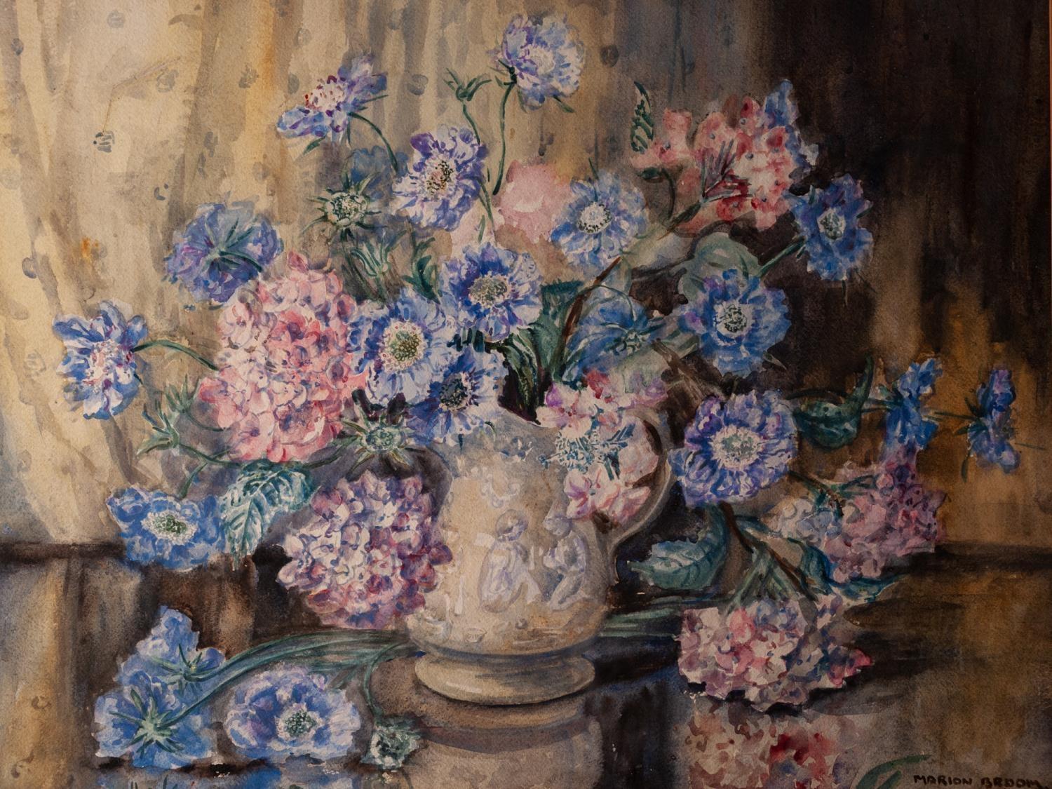 MARION BROOM (Twentieth Century) WATERCOLOUR Flowers in a moulded jugSigned lower right 21 1/4" x 28