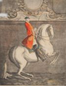 JOHANN ELIAS RIDINGER SUITE OF SIX COLOURED ENGRAVINGS Equestrian figures Titled in German, French