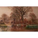 HENRY CHARLES FOX (1855/60-1929) WATERCOLOUR DRAWING Rural landscape with horse-drawn cart fording a