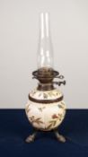 VICTORIAN GILT METAL MOUNTED BLUSH PORCELAIN OIL TABLE LAMP, the lobated reservoir painted in