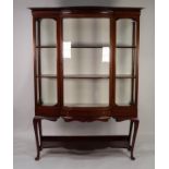 EDWARDIAN LINE INLAID MAHOGANY DISPLAY CABINET, the moulded cornice above a central bow fronted