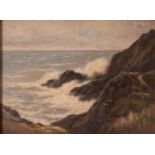 JAMES WILLIAM STAMPER (1873-1947) OIL PAINTING ON BOARD 'Llan Carew, Anglesey'rough sea breaking