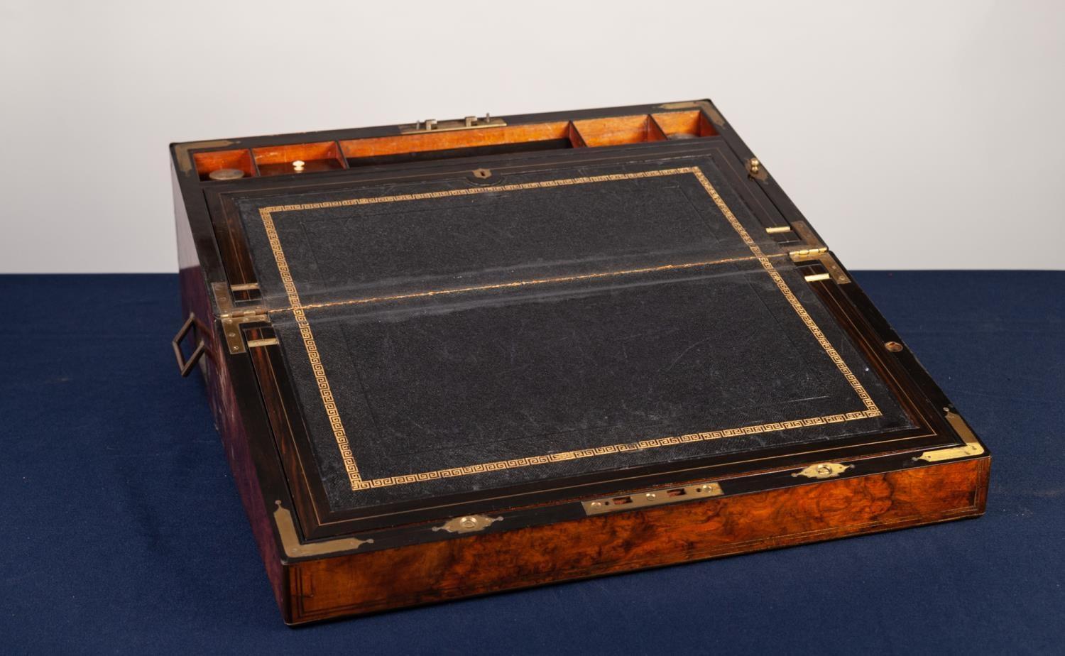 GOOD QUALITY MID VICTORIAN BURR WALNUT AND BRASS BANDED PRESENTATION LARGE PORTABLE WRITING SLOPE, - Image 2 of 3