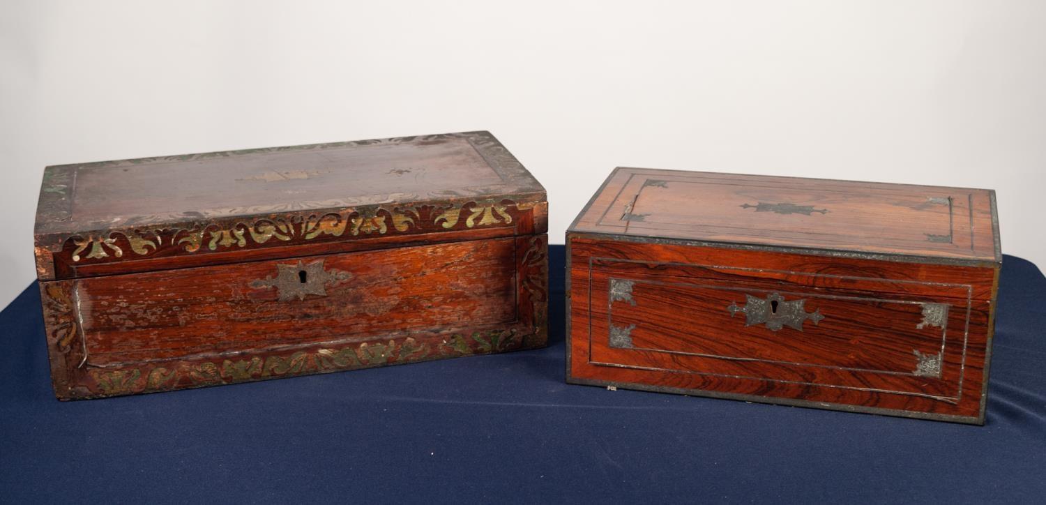 VICTORIAN BRASS INLAID ROSEWOOD PORTABLE WRITING SLOPE, of typical form with flush fitting side