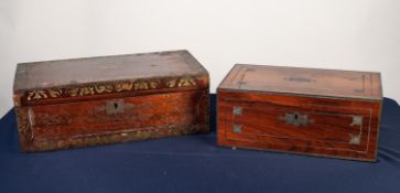 VICTORIAN BRASS INLAID ROSEWOOD PORTABLE WRITING SLOPE, of typical form with flush fitting side