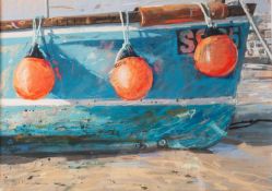 JAMES BARTHOLOMEW (b.1970) PASTEL, heightened ?Fishing Boat and Bouys? Signed, titled to gallery