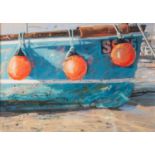 JAMES BARTHOLOMEW (b.1970) PASTEL, heightened ?Fishing Boat and Bouys? Signed, titled to gallery