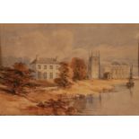 EDWARD HENRY WEHNERT (1813-1868) WATERCOLOUR DRAWING River landscape with dwelling, church and