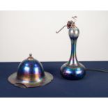 DITCHFIELD STYLE IRIDESCENT GLASS TABLE LAMP AND SHADE, with bulbous base and domed shade, 21? (53.